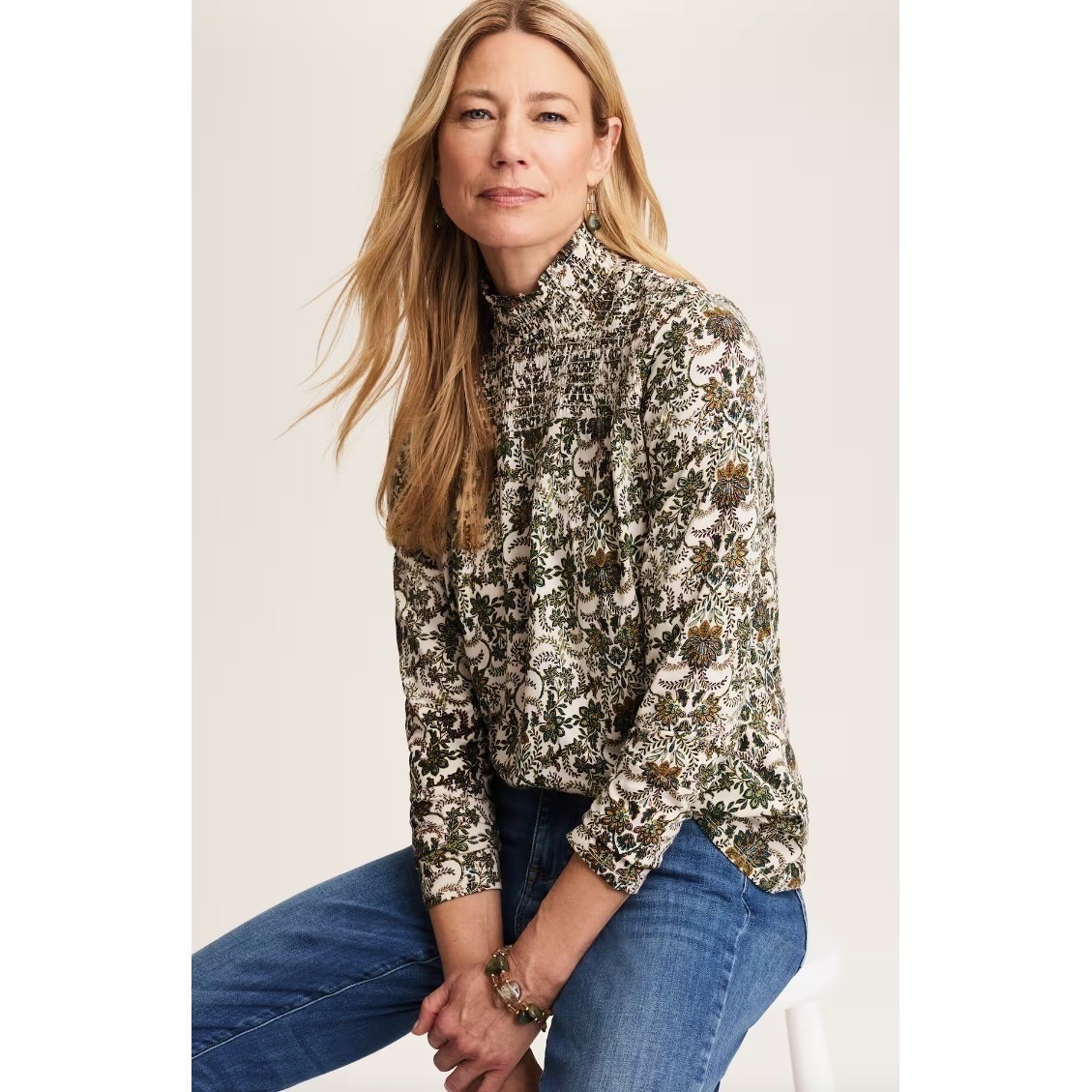 J Jill Womens Xl Smocked Mock Neck Paisley Floral Long Sleeve Blouse Shirt Top